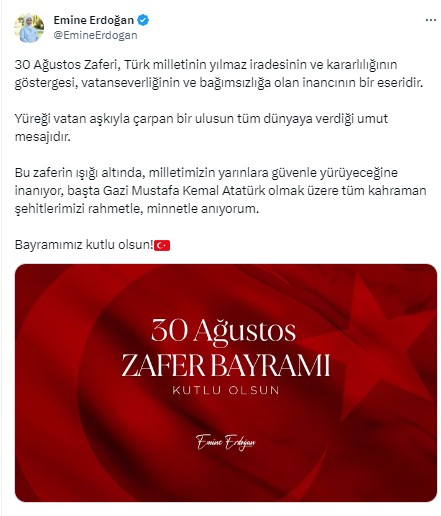 Emine Erdoğan'dan 30 Ağustos mesajı