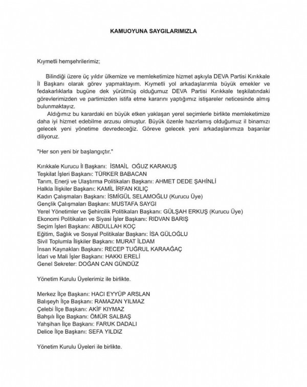 DEVA Partisi Kırıkkale il ve 6 ilçe başkanı istifa etti