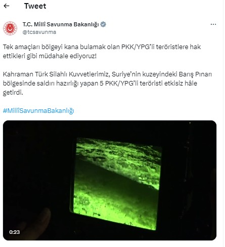 MSB: Barış Pınarı bölgesinde saldırı hazırlığı yapan beş terörist etkisiz hale getirildi