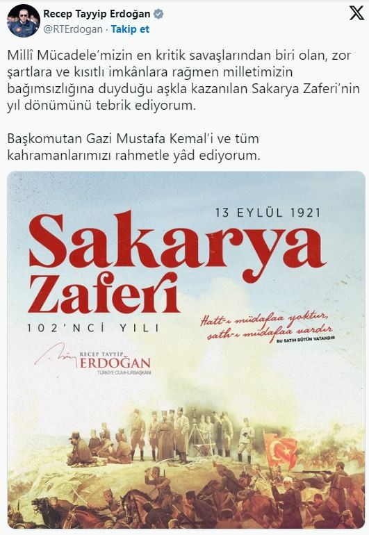 Başkan Erdoğan'dan Sakarya Zaferi paylaşımı