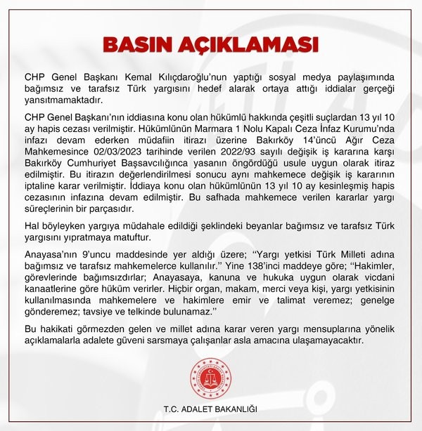 Bakan Tunç’tan Kılıçdaroğlu’na tepki: Türk yargısını hedef alarak ortaya attığı iddialar gerçeği yansıtmamaktadır