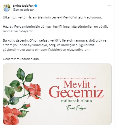 Emine Erdoğan'dan Mevlit Kandili paylaşımı