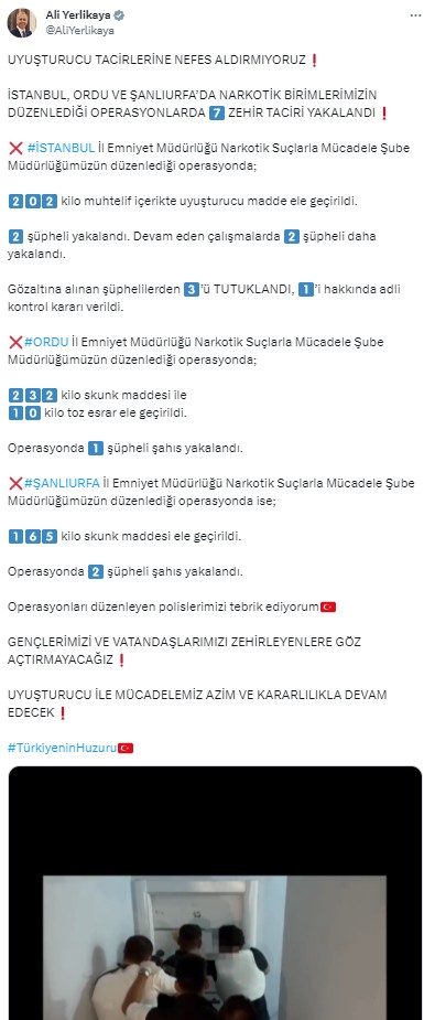 Bakan Yerlikaya: 7 zehir taciri yakalandı