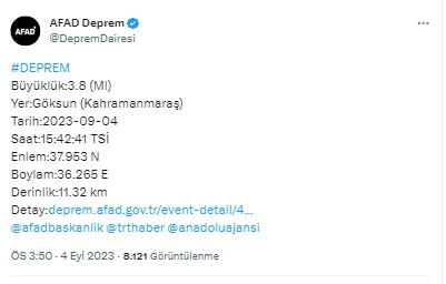 Kahramanmaraş'ta 3.8 büyüklüğünde deprem