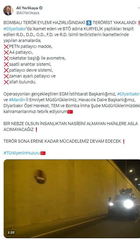 Bakan Yerlikaya: Bombalı eylem hazırlığındaki 5 terörist yakalandı