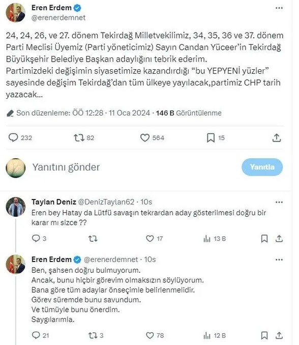 CHP’de belediye adayları çatlağı... Eren Erdem’den ironiyle tepki