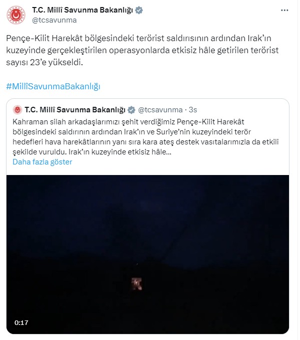Şehitlerimizin kanı yerde kalmadı: Pençe-Kilit Harekat bölgesindeki saldırının ardından vurulan hedeflerde 23 terörist etkisiz hale getirildi