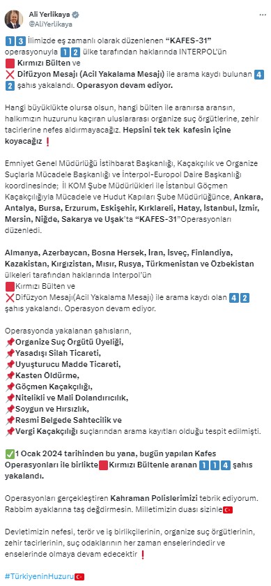 INTERPOL tarafından kırmızı bültenle aranan 42 suçluya KAFES-31 operasyonu
