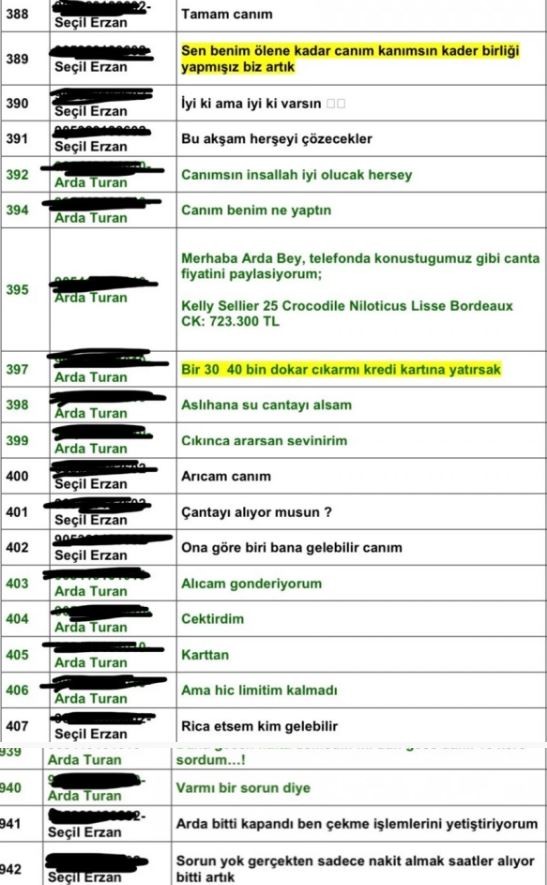 Yeni mesajlar ortaya çıktı! Arda Turan eşine çanta almak için Seçil Erzan'dan para istedi