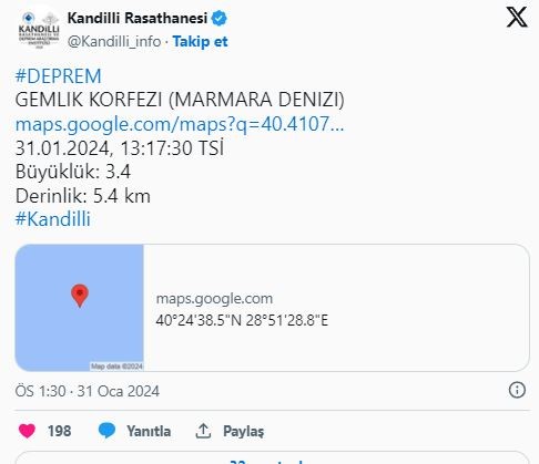 Marmara Denizi'nde 3.4 büyüklüğünde deprem