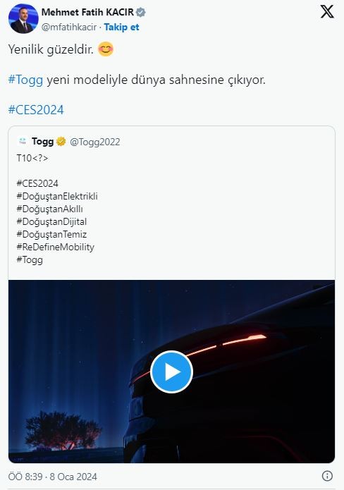 Bakan Kacır: Togg, yeni modeliyle dünya sahnesine çıkıyor