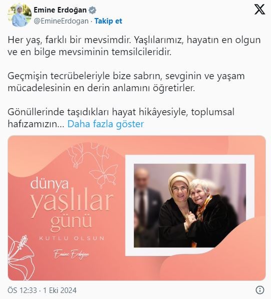 Emine Erdoğan'dan 'Dünya Yaşlılar Günü' mesajı