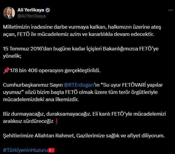 Bakan Yerlikaya açıkladı: FETÖ’ye yönelik 178 bin 406 operasyon gerçekleştirildi