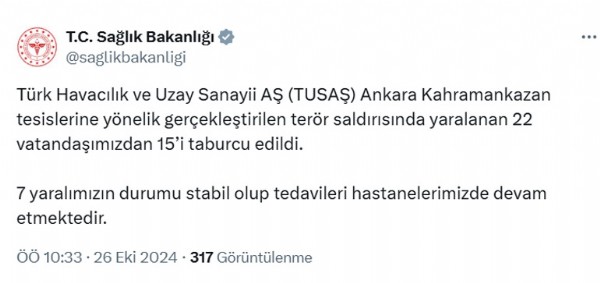 Sağlık Bakanlığı açıkladı: 22 vatandaşımızdan 15'i taburcu edildi