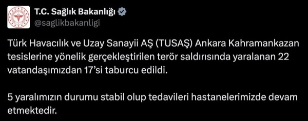 TUSAŞ'ta yaralanan 22 kişiden 17'si taburcu edildi