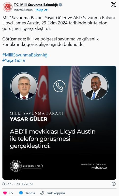 Bakan Güler, ABD Savunma Bakanı Austin ile görüştü