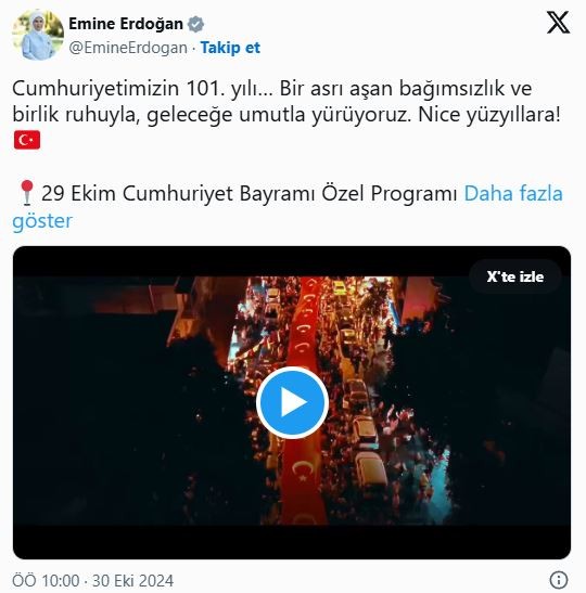 Emine Erdoğan'dan 29 Ekim paylaşımı