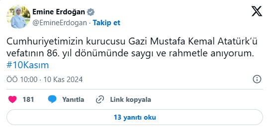 Emine Erdoğan'dan '10 Kasım' paylaşımı