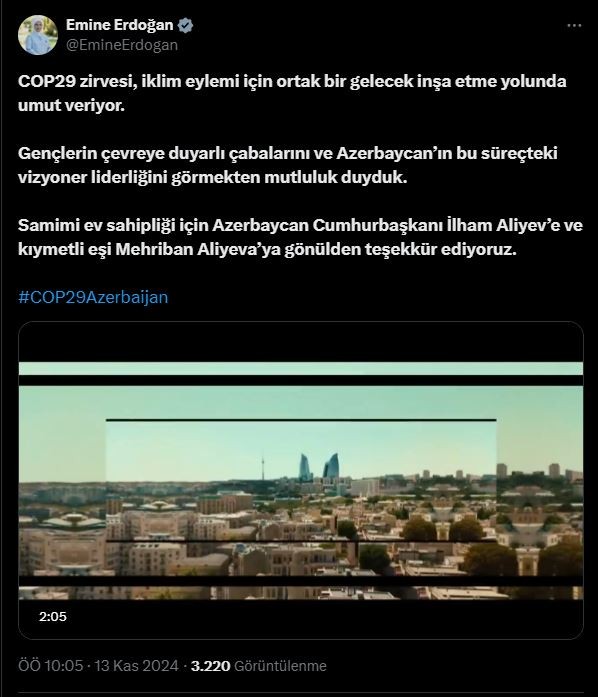 Emine Erdoğan'dan COP29'a ilişkin paylaşım