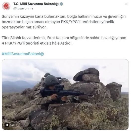 MSB: Saldırı hazırlığındaki 4 terörist etkisiz hale getirildi