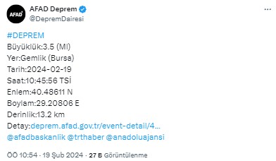 Bursa'da 3.5 büyüklüğünde deprem