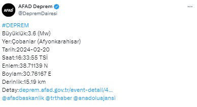 Afyonkarahisar'da 3,6 büyüklüğünde deprem