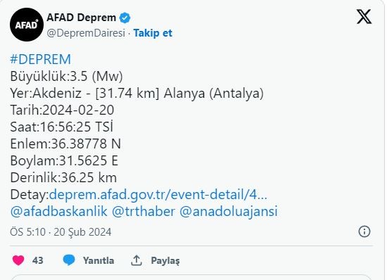 AFAD açıkladı! Antalya'da deprem meydana geldi