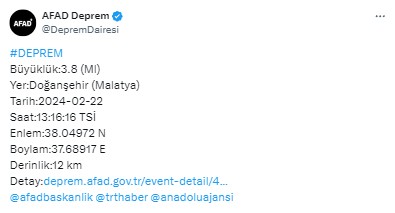 Malatya'da 3.8 büyüklüğünde deprem