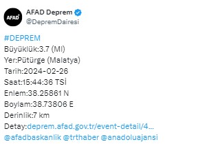 AFAD duyurdu: Malatya'da deprem