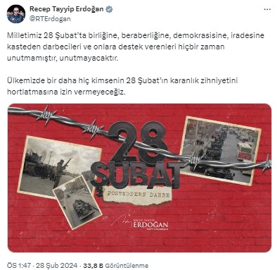 Cumhurbaşkanı Erdoğan'dan 28 Şubat mesajı