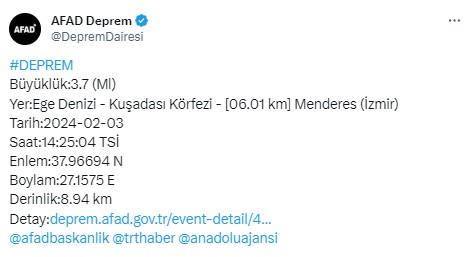 Kuşadası Körfezi'nde 3.7 büyüklüğünde deprem