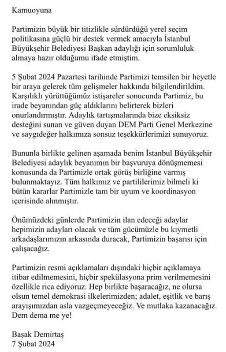 Başak Demirtaş yerel seçimlerde adayı olmayacağını açıkladı