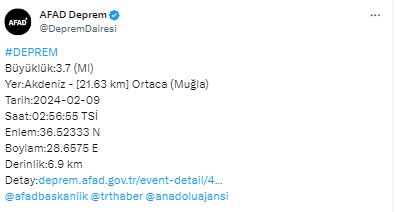 Muğla'da 3,7 büyüklüğünde deprem