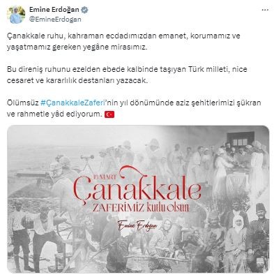Emine Erdoğan'dan Çanakkale Zaferi paylaşımı