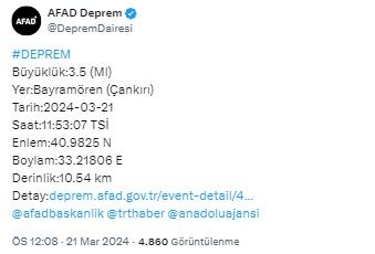 Çankırı'da 3,5 büyüklüğünde deprem