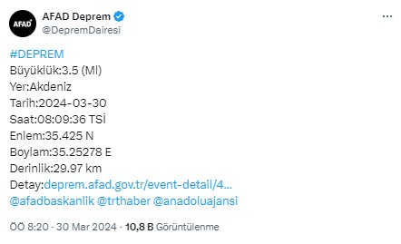 Akdeniz'de 3.5 büyüklüğünde deprem