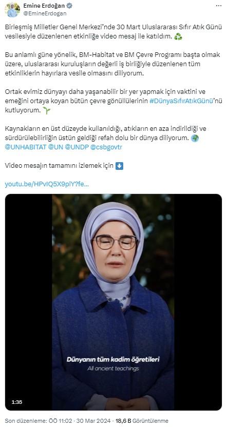 Emine Erdoğan'dan Sıfır Atık Günü mesajı