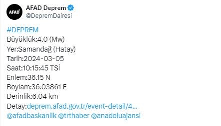 Hatay'da 4 büyüklüğünde deprem