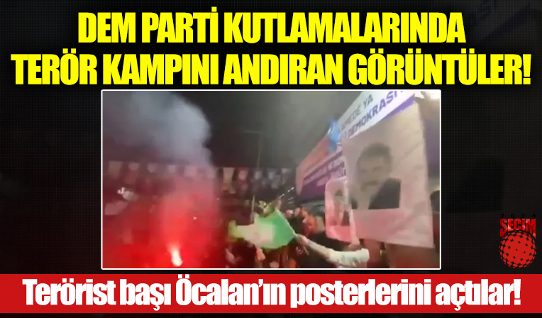 DEM Parti kutlamalarında terör kampını andıran görüntüler! Terörist başı Öcalan'ın posterlerini açtılar...