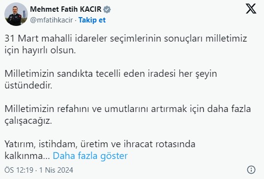 Bakan Kacır'dan seçim sonrası yola devam mesajı
