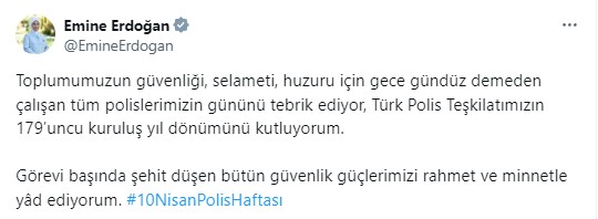 Emine Erdoğan'dan 10 Nisan Polis Haftası mesajı