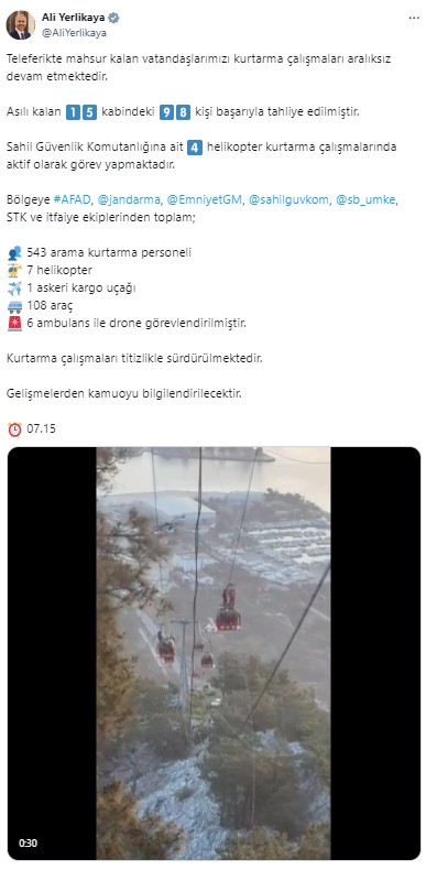 Antalya'da teleferik faciası: Ölü ve yaralılar var! Bakan Yerlikaya açıkladı: 98 kişi tahliye edildi