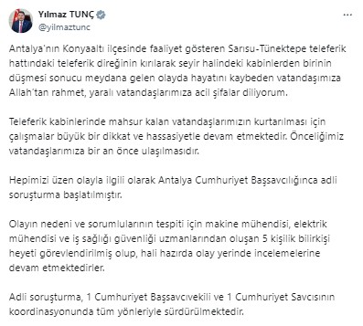 Antalya'da teleferik faciası: Ölü ve yaralılar var! Bakan Yerlikaya açıkladı: 98 kişi tahliye edildi