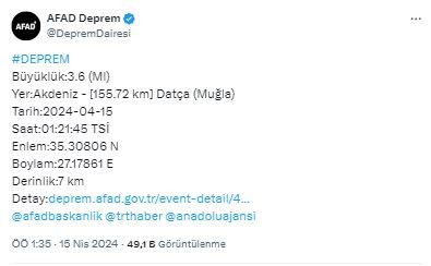 Muğla'da 3,6 büyüklüğünde deprem