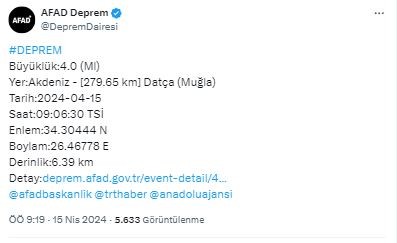 Akdeniz'de 4 büyüklüğünde deprem!