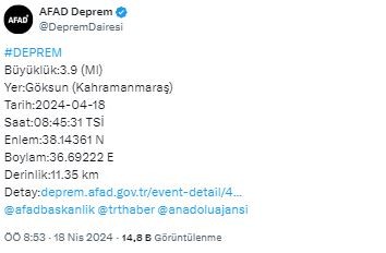 AFAD duyurdu: Kahramanmaraş'ta deprem