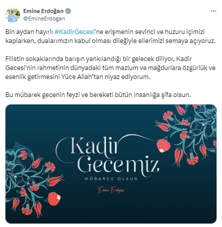 Emine Erdoğan'dan Kadir Gecesi mesajı