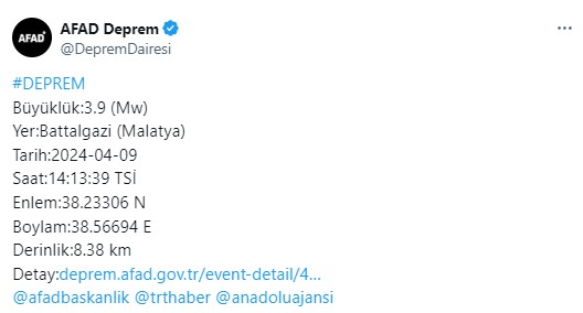 Malatya'da deprem meydana geldi