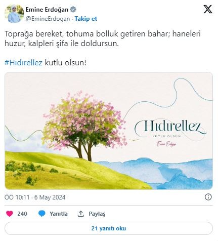 Emine Erdoğan'dan Hıdrellez mesajı