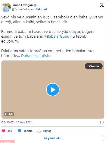 Emine Erdoğan'dan Babalar Günü mesajı: